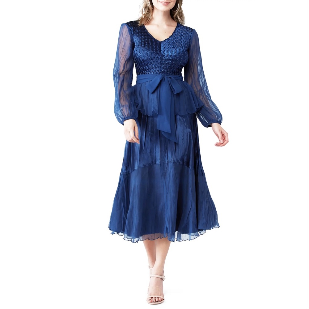 NEW Komarov Long Sleeve Charmeuse & Chiffon Peplum Dress, Small